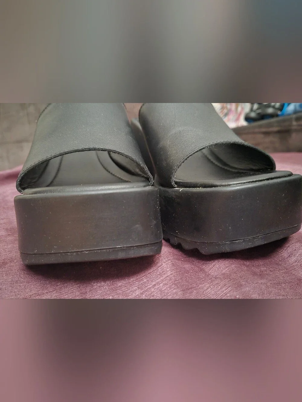 Steve Madden Pepe30 Black Leather Platform Wedge Slide Sandals Size 9